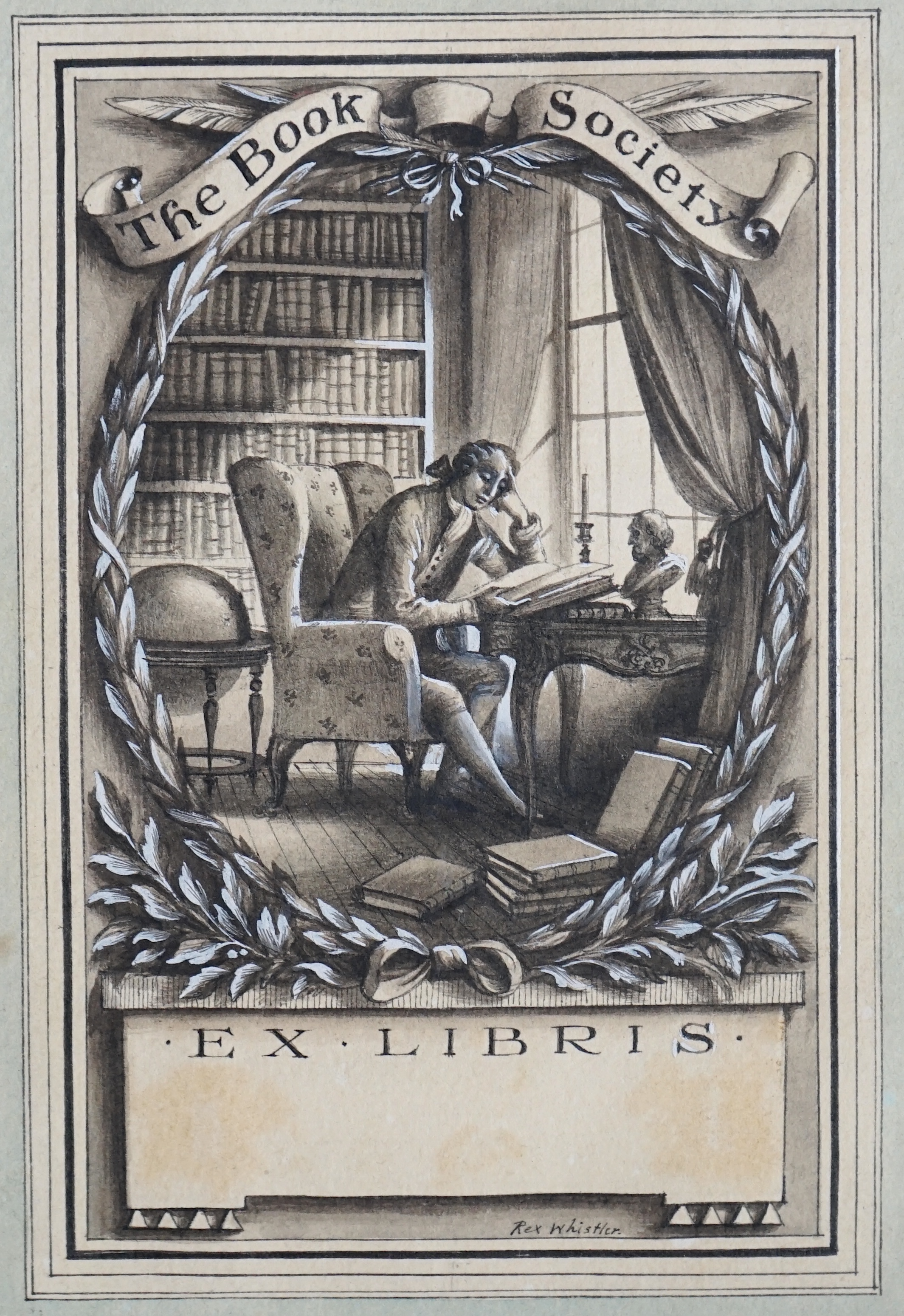 Rex John Whistler (British, 1905-1944), Bookplate design for The Book Society, original drawing of an 18th century gentleman reading in his library, pen, ink and wash highlighted in body colour, 16 x 11.5cm